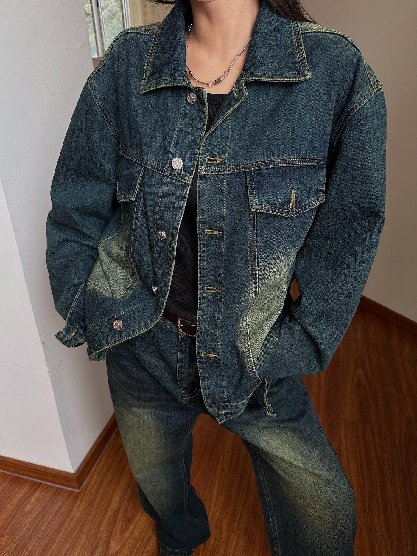 Nine Fade Detail Denim Jacket & Wide Leg Jeans Set-korean-fashion-Clothing Set-Nine's Closet-OH Garments