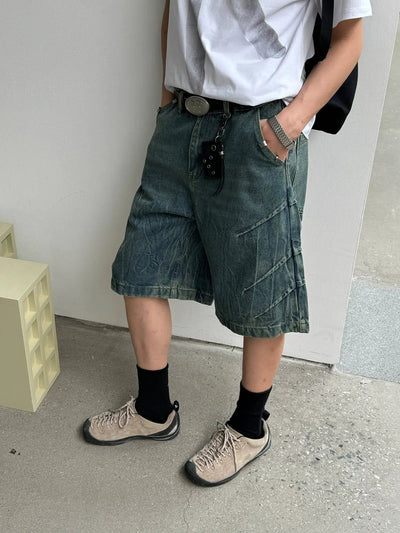 Nine Faded Stitched Detail Denim Shorts-korean-fashion-Shorts-Nine's Closet-OH Garments