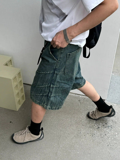 Nine Faded Stitched Detail Denim Shorts-korean-fashion-Shorts-Nine's Closet-OH Garments