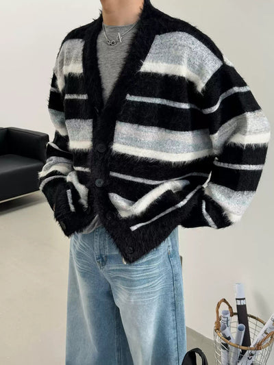 Nine Fuzzy Striped Knit V-Neck Cardigan-korean-fashion-Cardigan-Nine's Closet-OH Garments