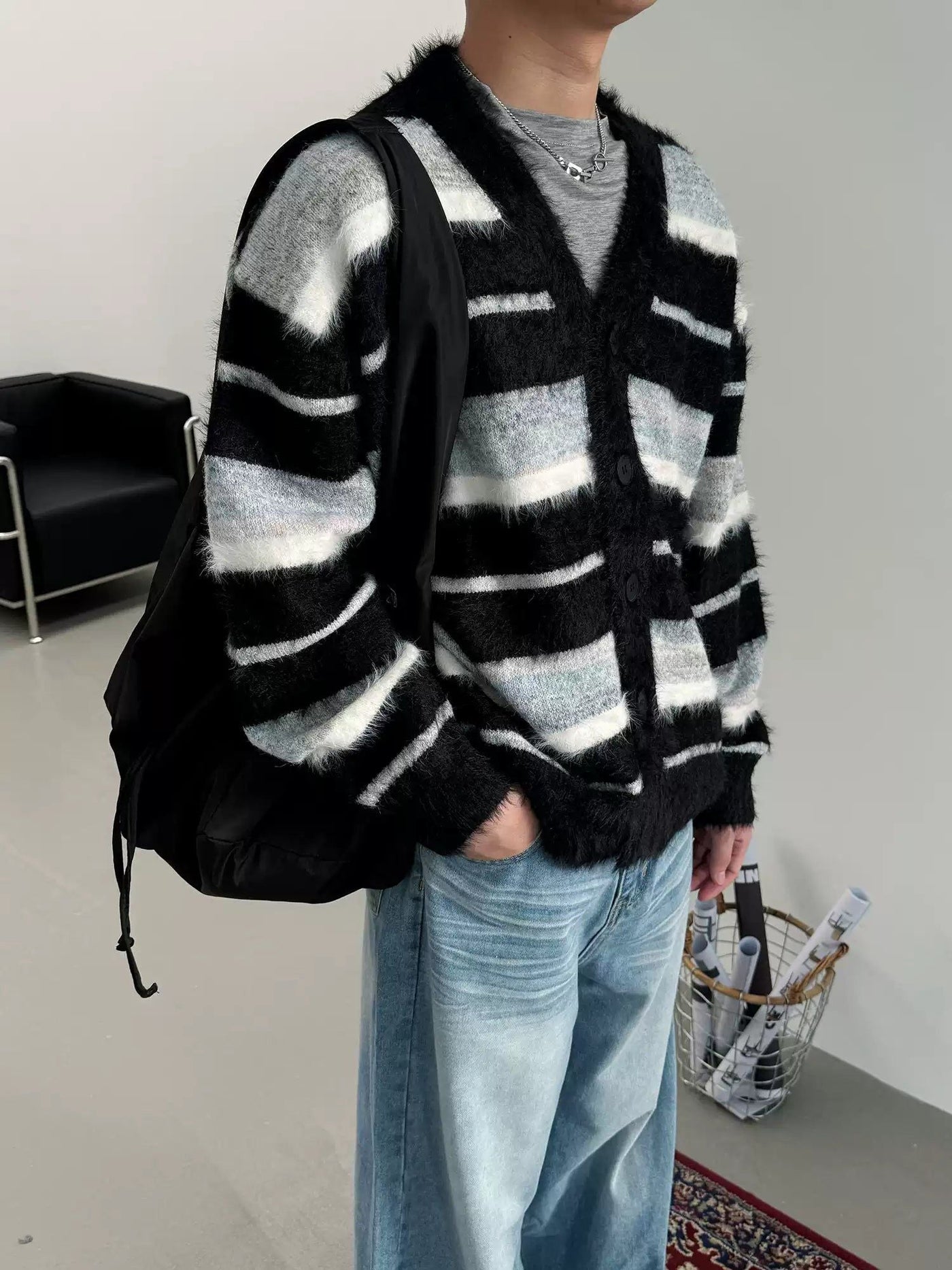 Nine Fuzzy Striped Knit V-Neck Cardigan-korean-fashion-Cardigan-Nine's Closet-OH Garments