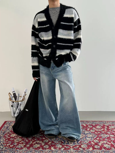 Nine Fuzzy Striped Knit V-Neck Cardigan-korean-fashion-Cardigan-Nine's Closet-OH Garments