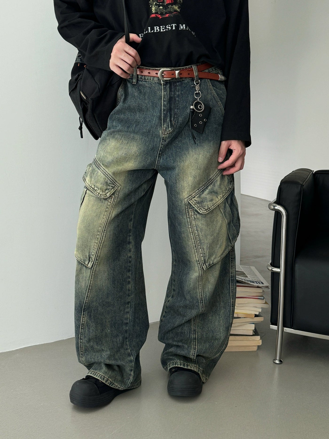 Nine Gradient Slant Pocket Cargo Jeans-korean-fashion-Jeans-Nine's Closet-OH Garments