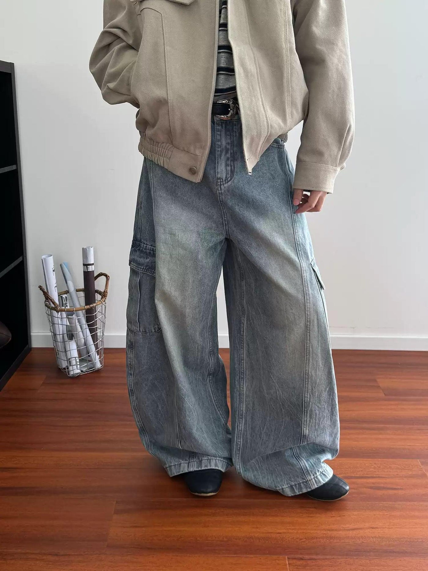 Nine Lightning Wash Wide Cargo Jeans-korean-fashion-Jeans-Nine's Closet-OH Garments