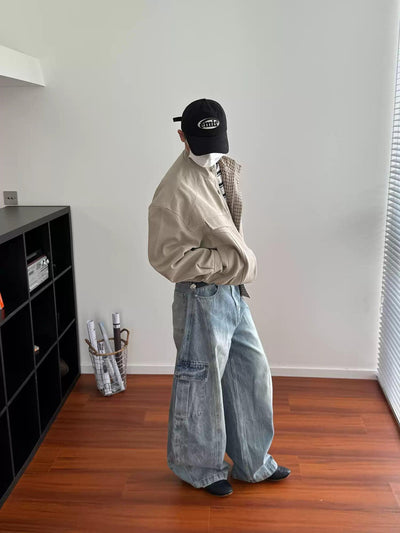 Nine Lightning Wash Wide Cargo Jeans-korean-fashion-Jeans-Nine's Closet-OH Garments