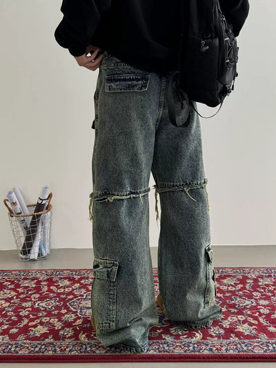 Nine Multi-Pocket Raw Edge Cargo Jeans-korean-fashion-Jeans-Nine's Closet-OH Garments