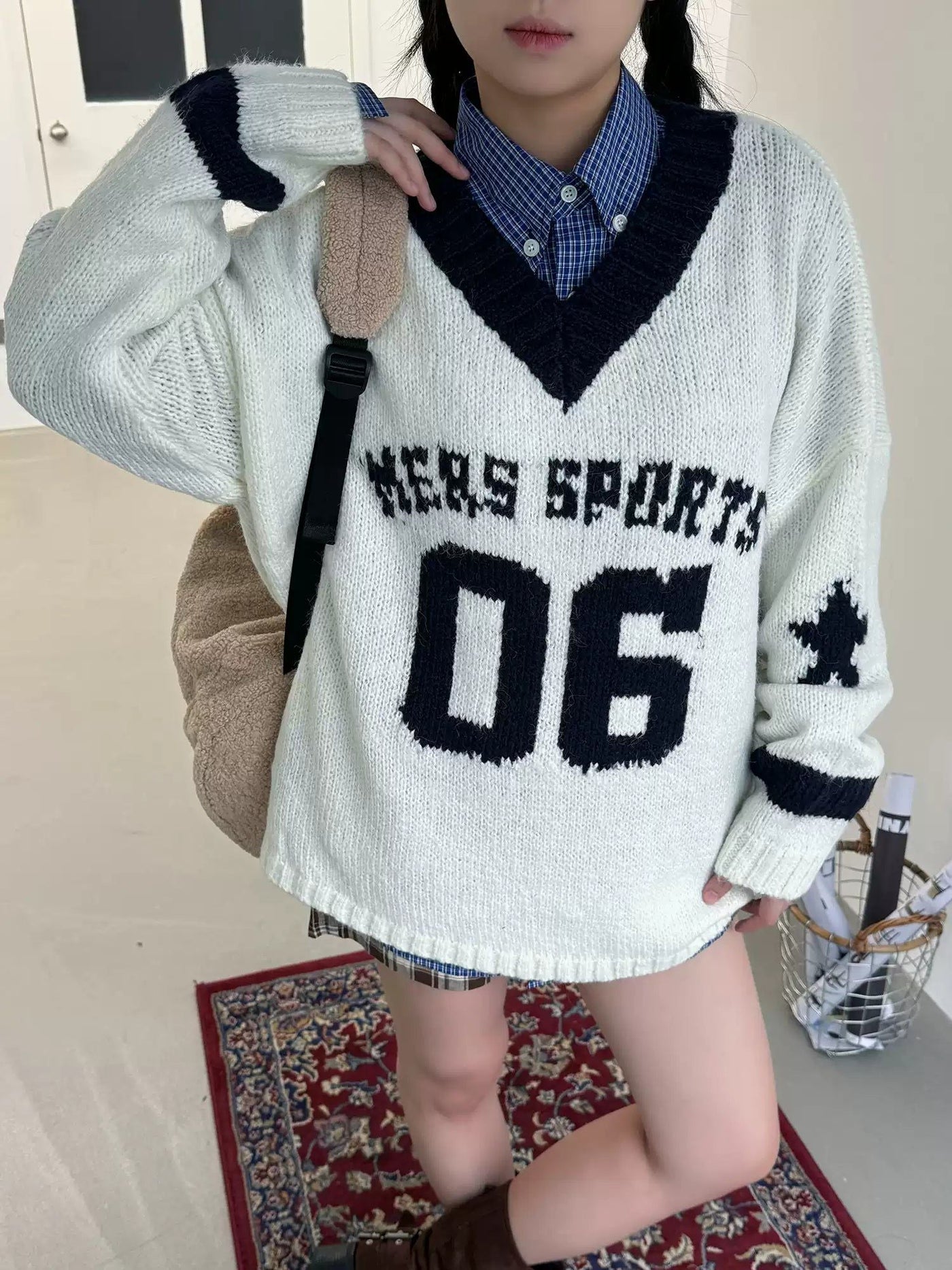 Nine Oversized Sports V-Neck Sweater-korean-fashion-Sweater-Nine's Closet-OH Garments