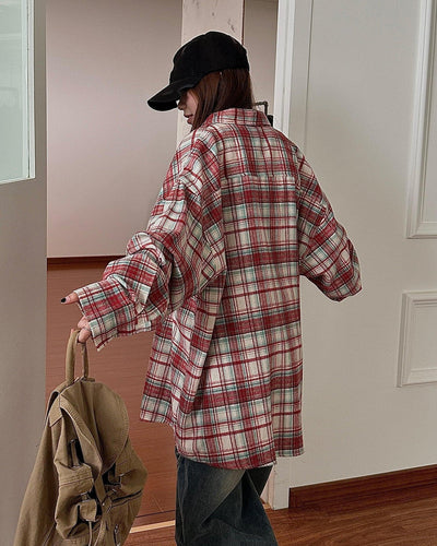 Nine Relaxed Fit Plaid Long Sleeve Shirt-korean-fashion-Shirt-Nine's Closet-OH Garments