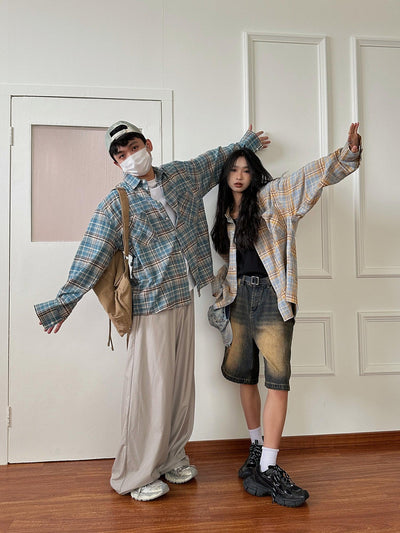 Nine Relaxed Fit Plaid Long Sleeve Shirt-korean-fashion-Shirt-Nine's Closet-OH Garments