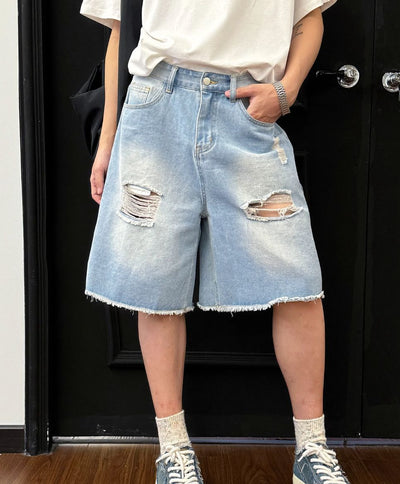 Nine Ripped and Frayed Denim Shorts-korean-fashion-Shorts-Nine's Closet-OH Garments