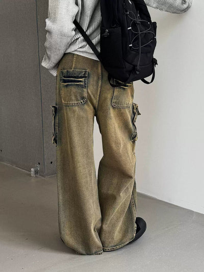 Nine Rustic Washed Multi-Pocket Cargo Jeans-korean-fashion-Jeans-Nine's Closet-OH Garments