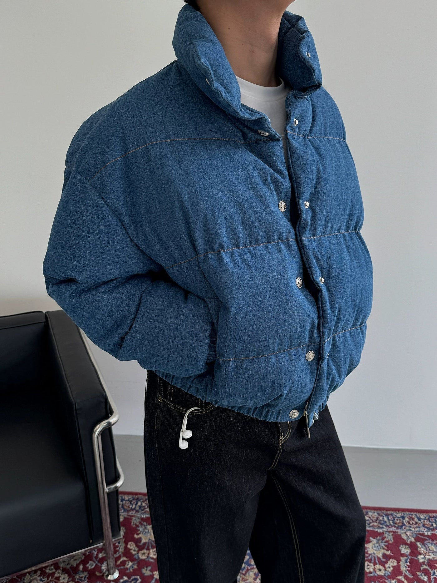 Nine Stand Collar Denim Puffer Jacket-korean-fashion-Jacket-Nine's Closet-OH Garments