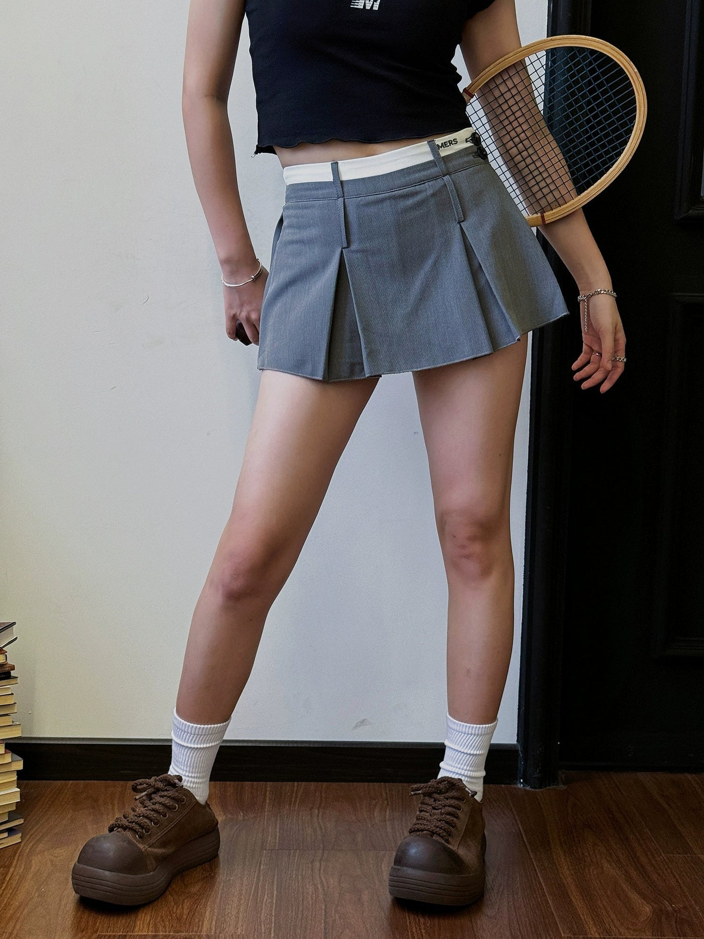 Nine Stitched Contrast Pleats Short Skirt-korean-fashion-Skirt-Nine's Closet-OH Garments
