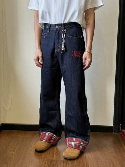 Nine Stitched Plaid Rolled-Up Jeans-korean-fashion-Jeans-Nine's Closet-OH Garments