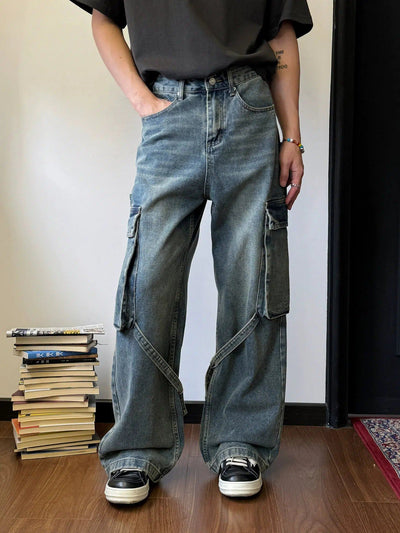 Nine Strap Detail Washed Jeans-korean-fashion-Jeans-Nine's Closet-OH Garments