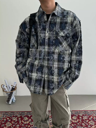 Nine Tie-Dyed Checked Shirt-korean-fashion-Shirt-Nine's Closet-OH Garments