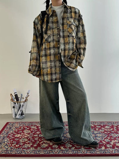 Nine Tie-Dyed Checked Shirt-korean-fashion-Shirt-Nine's Closet-OH Garments