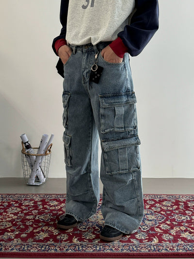 Nine Washed Multi-Flap Pocket Cargo Jeans-korean-fashion-Jeans-Nine's Closet-OH Garments