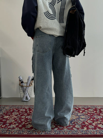 Nine Washed Multi-Flap Pocket Cargo Jeans-korean-fashion-Jeans-Nine's Closet-OH Garments