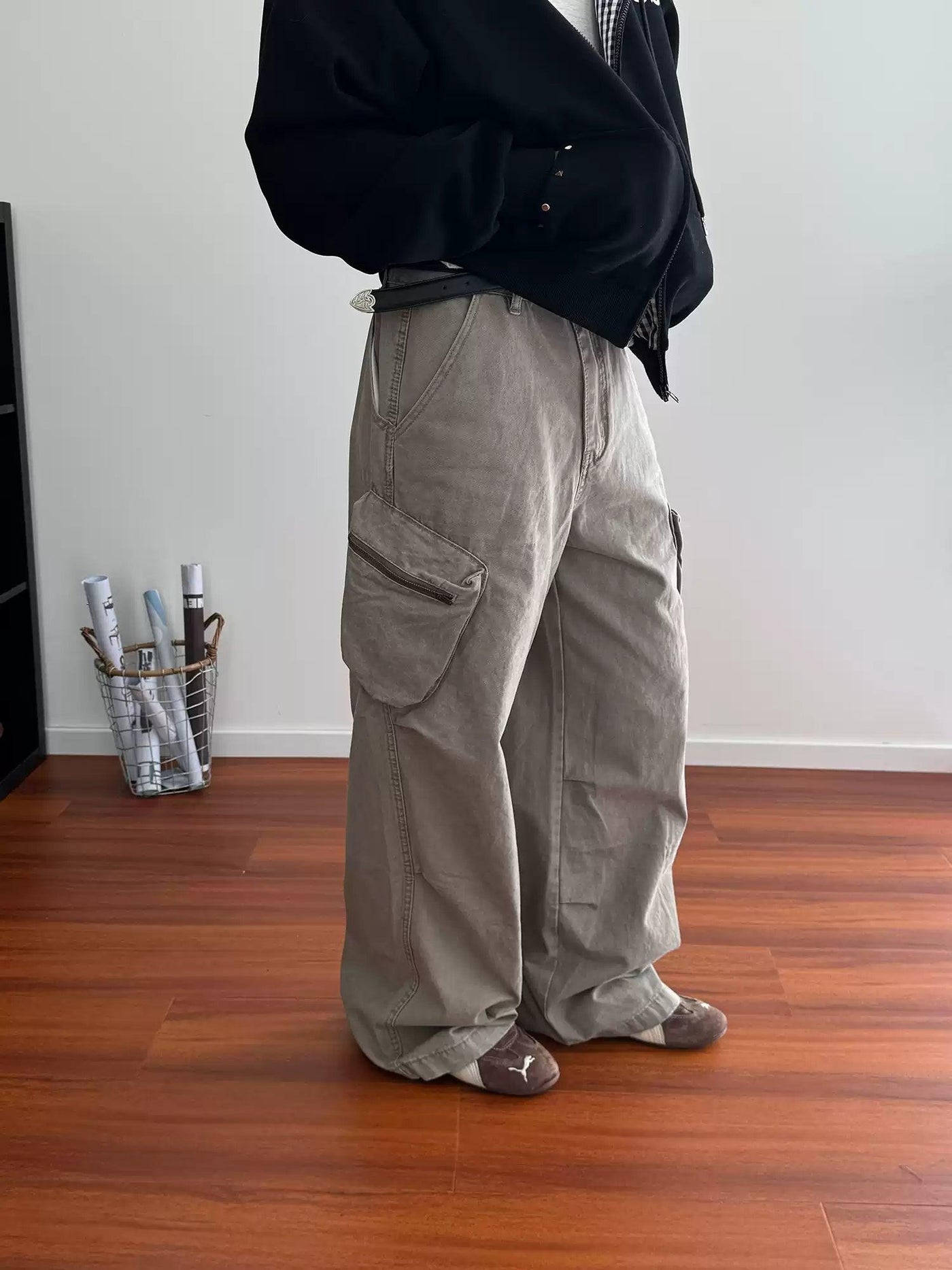 Nine Washed Utility Pocket Cargo Pants-korean-fashion-Pants-Nine's Closet-OH Garments