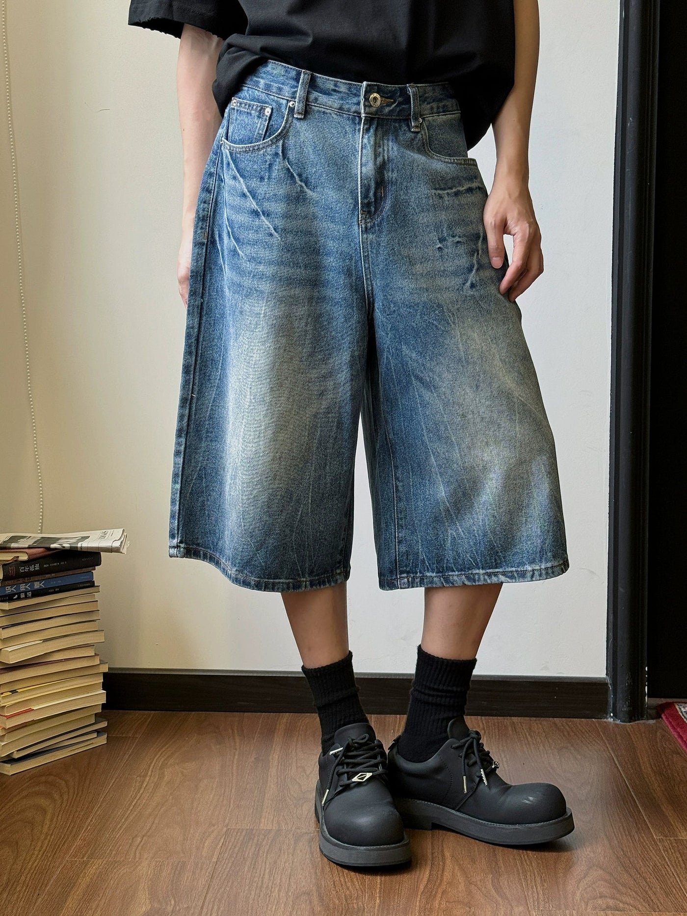 Nine Washed Wide Denim Shorts-korean-fashion-Shorts-Nine's Closet-OH Garments