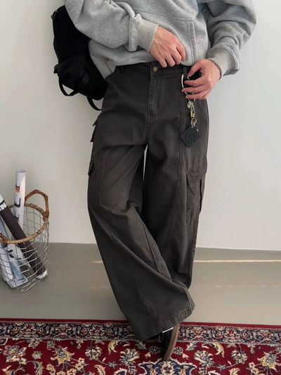 Nine Washed Workwear Cargo Pants-korean-fashion-Pants-Nine's Closet-OH Garments