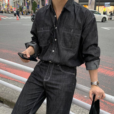 OH Breast Pocket Denim Shirt & Pants Set-korean-fashion-Clothing Set-OH Atelier-OH Garments