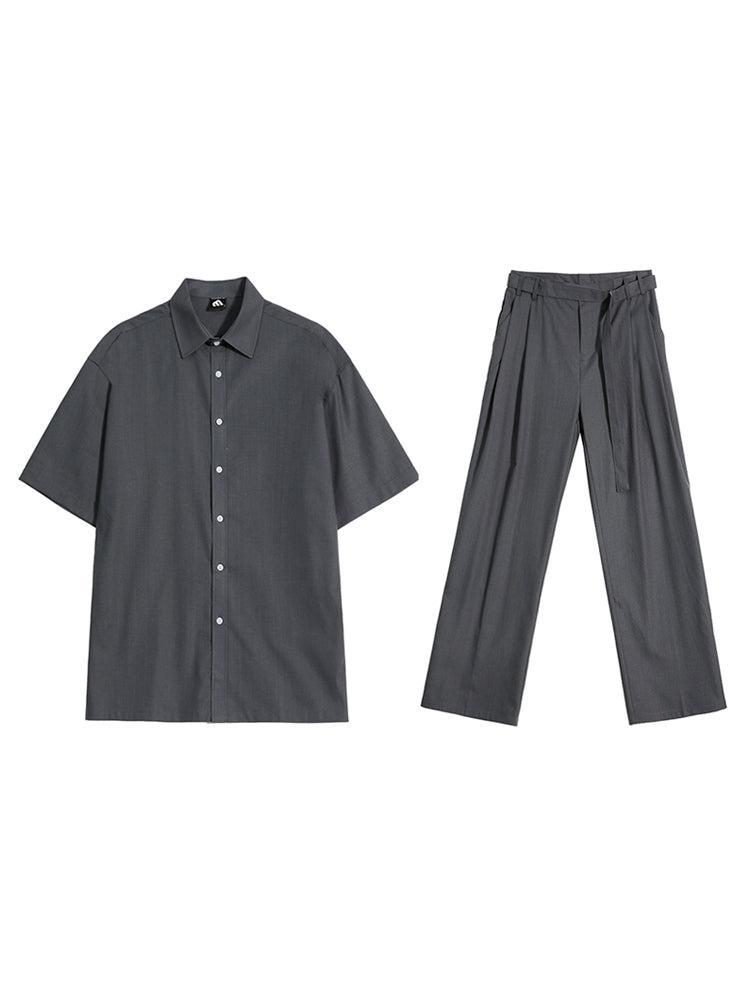 OH Buttoned Shirt & Belt Strap Pleats Pants Set-korean-fashion-Clothing Set-OH Atelier-OH Garments