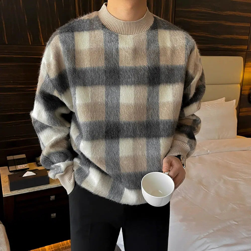 OH Cozy Plaid Fuzzy Crewneck-korean-fashion-Crewneck-OH Atelier-OH Garments