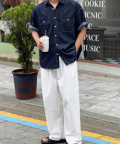 OH Front Pocket Denim Short Sleeve Shirt-korean-fashion-Shirt-OH Atelier-OH Garments