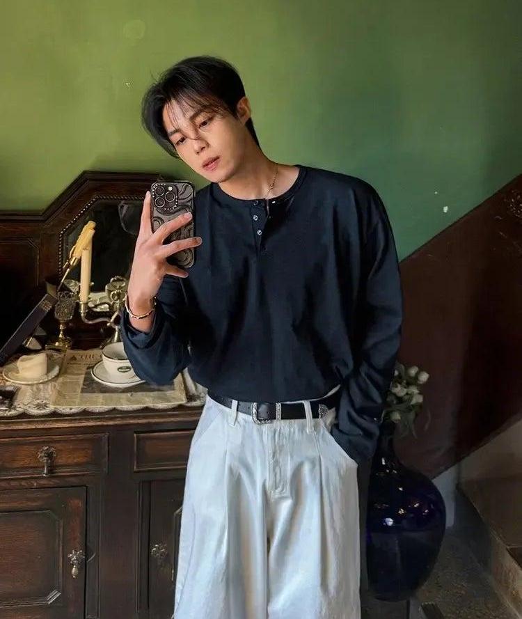OH Henley Collar Long Sleeve T-Shirt-korean-fashion-T-Shirt-OH Atelier-OH Garments