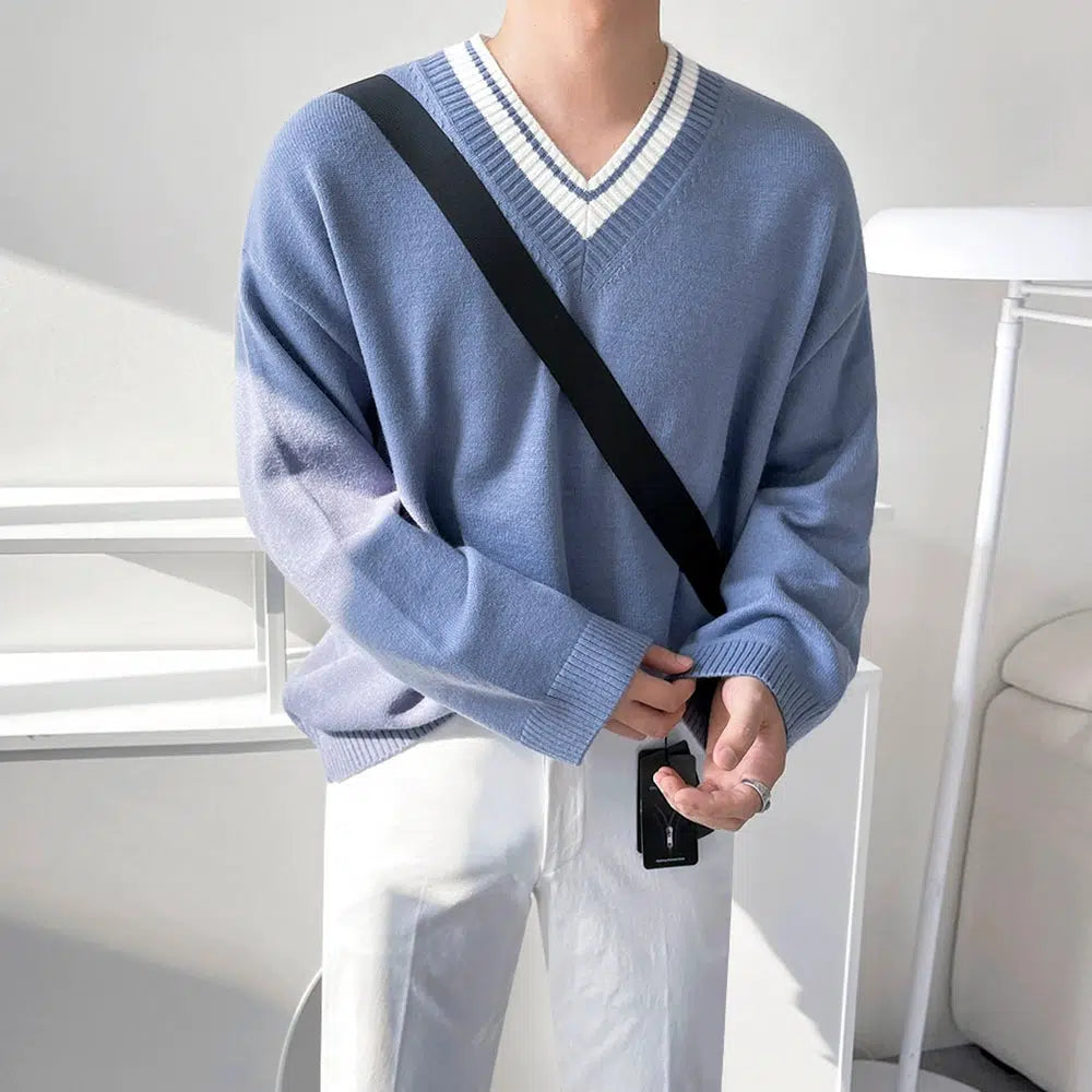 OH Relaxed Fit Contrast V-Neck Sweater-korean-fashion-Sweater-OH Atelier-OH Garments