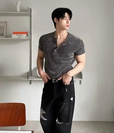 OH Textured Henley Collar Slim Knit T-Shirt-korean-fashion-T-Shirt-OH Atelier-OH Garments