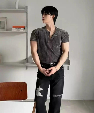 OH Textured Henley Collar Slim Knit T-Shirt-korean-fashion-T-Shirt-OH Atelier-OH Garments