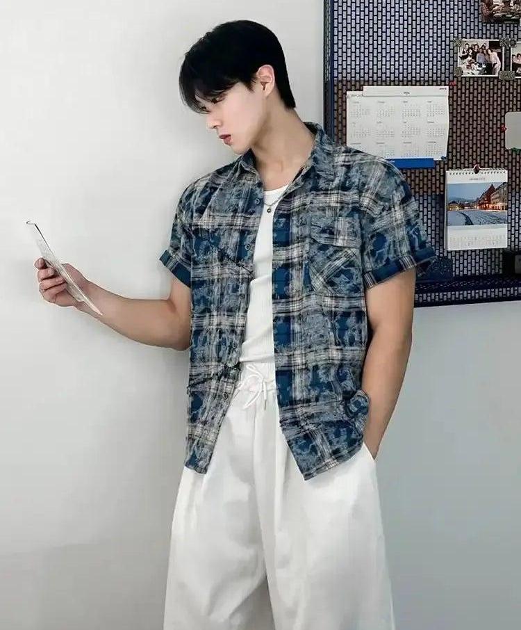 OH Tie-Dyed Plaid Shirt-korean-fashion-Shirt-OH Atelier-OH Garments