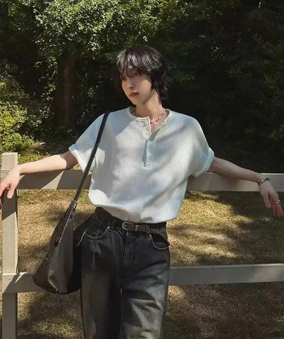 OH Waffle Textured Henley Collar T-Shirt-korean-fashion-T-Shirt-OH Atelier-OH Garments