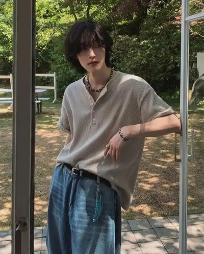 OH Waffle Textured Henley Collar T-Shirt-korean-fashion-T-Shirt-OH Atelier-OH Garments