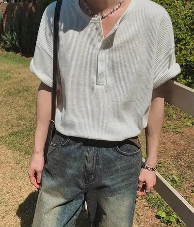 OH Waffle Textured Henley Collar T-Shirt-korean-fashion-T-Shirt-OH Atelier-OH Garments