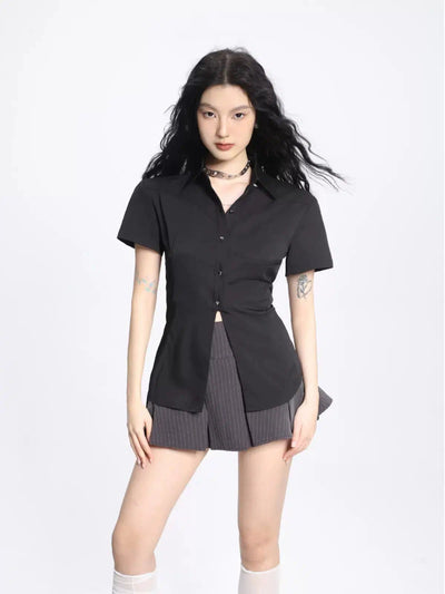 Shi Front Slit Buttoned Shirt-korean-fashion-Shirt-Shi's Closet-OH Garments