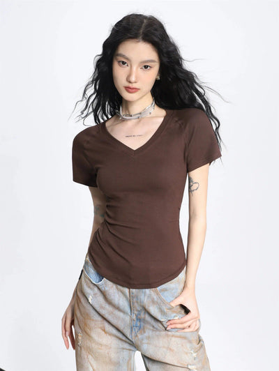Shi Plain V-Neck Slim Fit T-Shirt-korean-fashion-T-Shirt-Shi's Closet-OH Garments