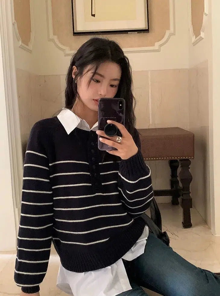Sue Classic Stripes Buttoned Sweater-korean-fashion-Sweater-Sue's Closet-OH Garments