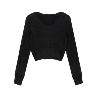 Sue Solid Fuzzy V-Neck Cropped Sweater-korean-fashion-Sweater-Sue's Closet-OH Garments