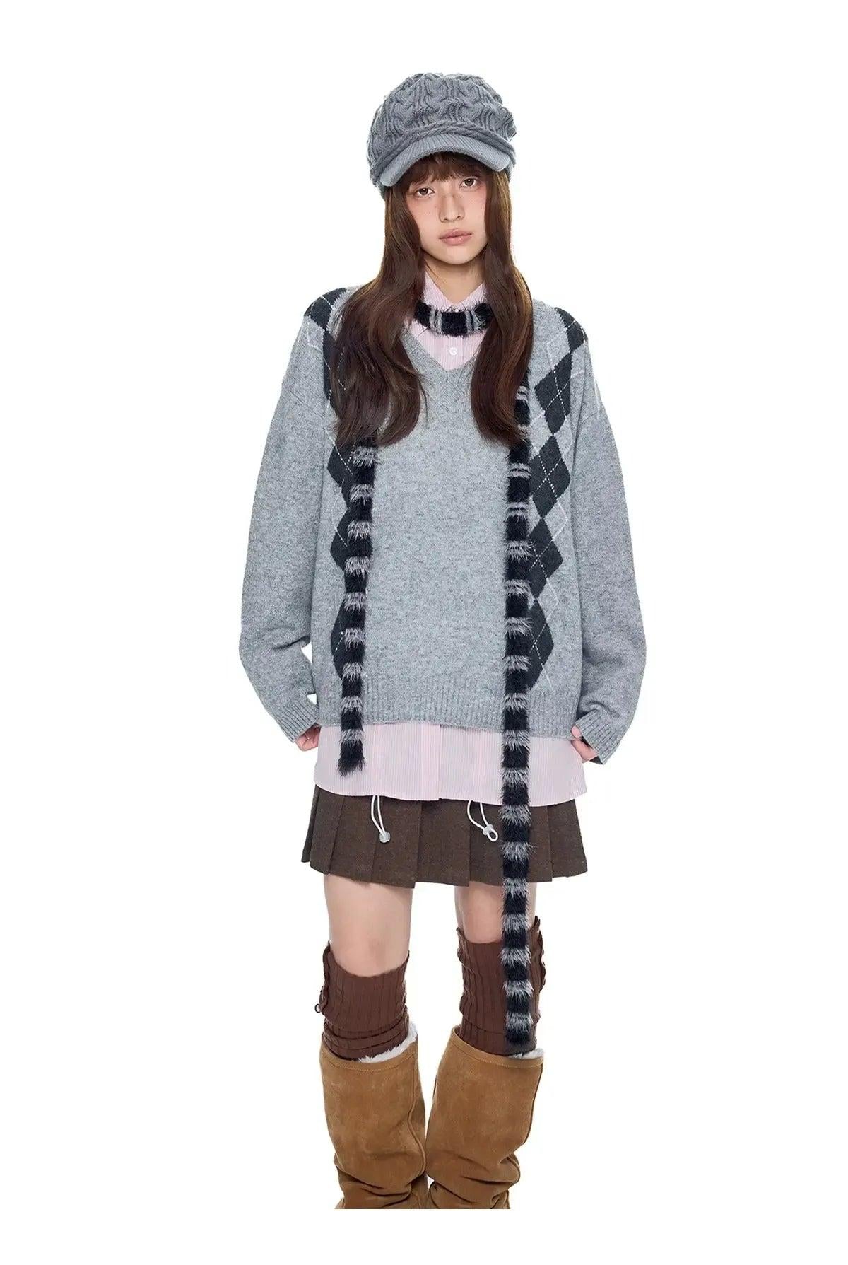 Tom Argyle V-Neck Sweater-korean-fashion-Sweater-Tom's Closet-OH Garments