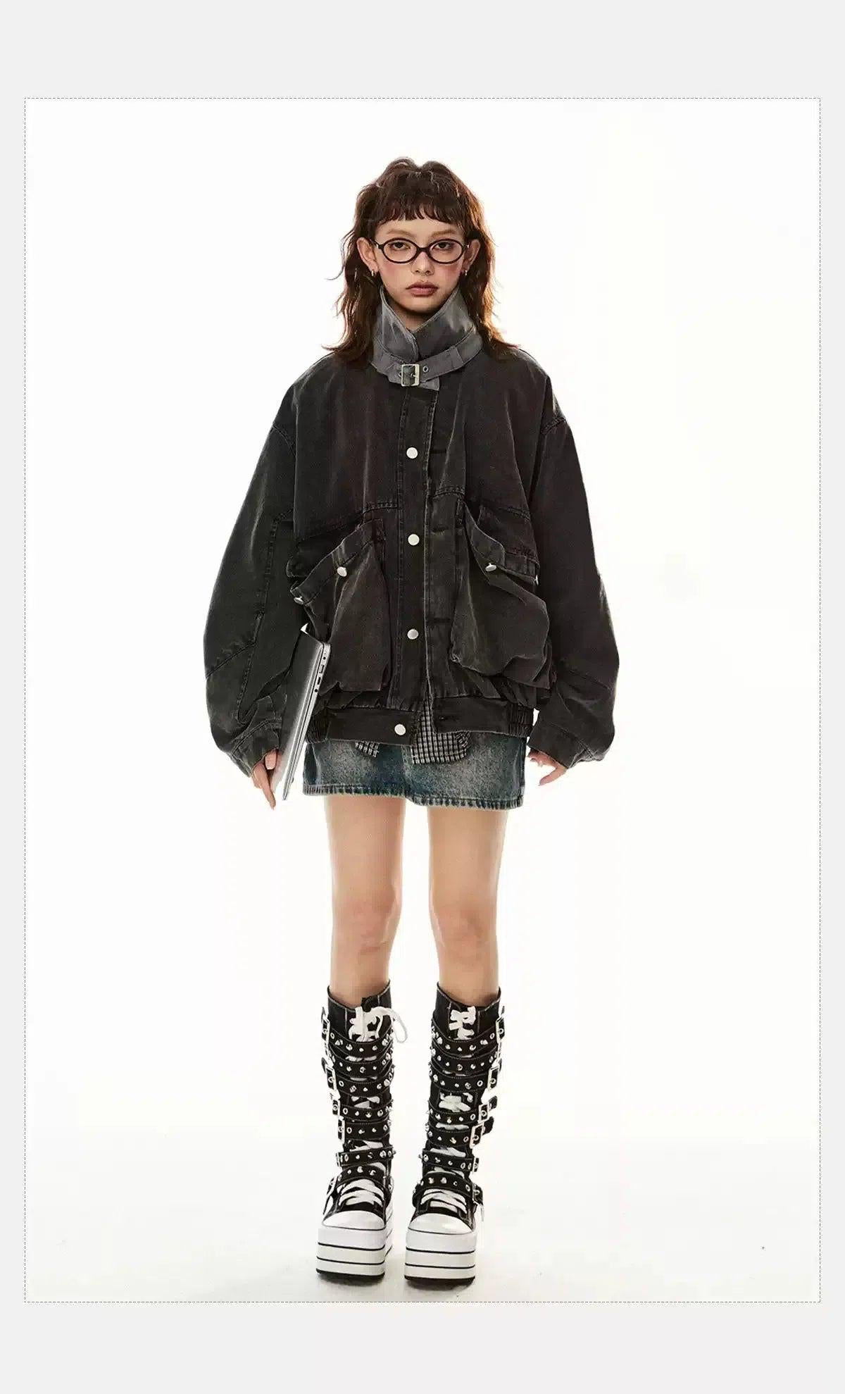 Tom Buckled Stitched Contrast Denim Jacket-korean-fashion-Jacket-Tom's Closet-OH Garments