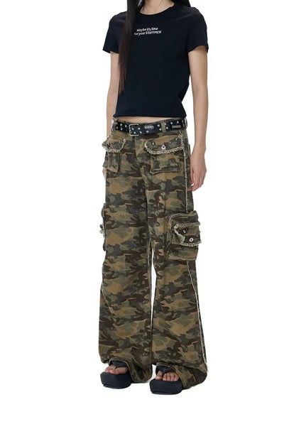 Tom Camouflage Raw Edge Cargo Pants-korean-fashion-Pants-Tom's Closet-OH Garments