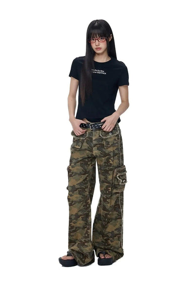 Tom Camouflage Raw Edge Cargo Pants-korean-fashion-Pants-Tom's Closet-OH Garments