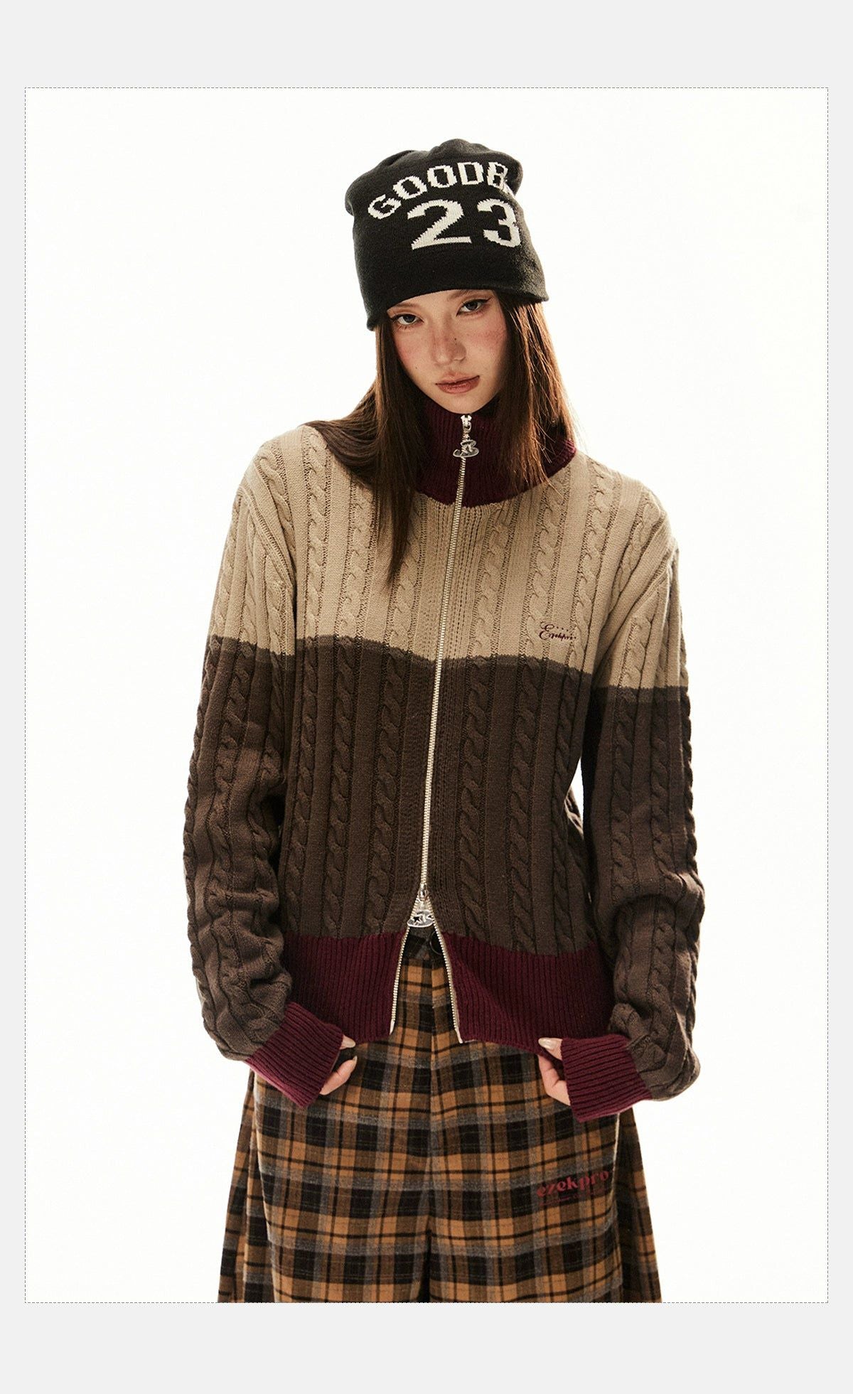 Tom Contrast Block Cable Knit Zipped Sweater-korean-fashion-Sweater-Tom's Closet-OH Garments