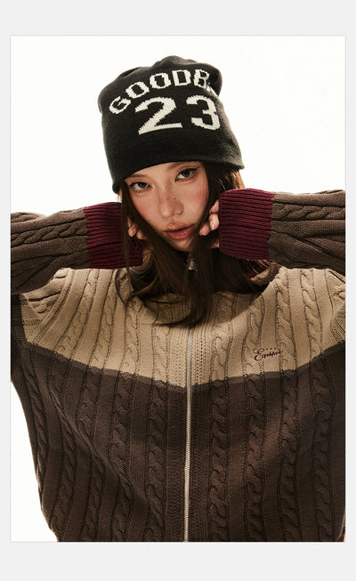 Tom Contrast Block Cable Knit Zipped Sweater-korean-fashion-Sweater-Tom's Closet-OH Garments