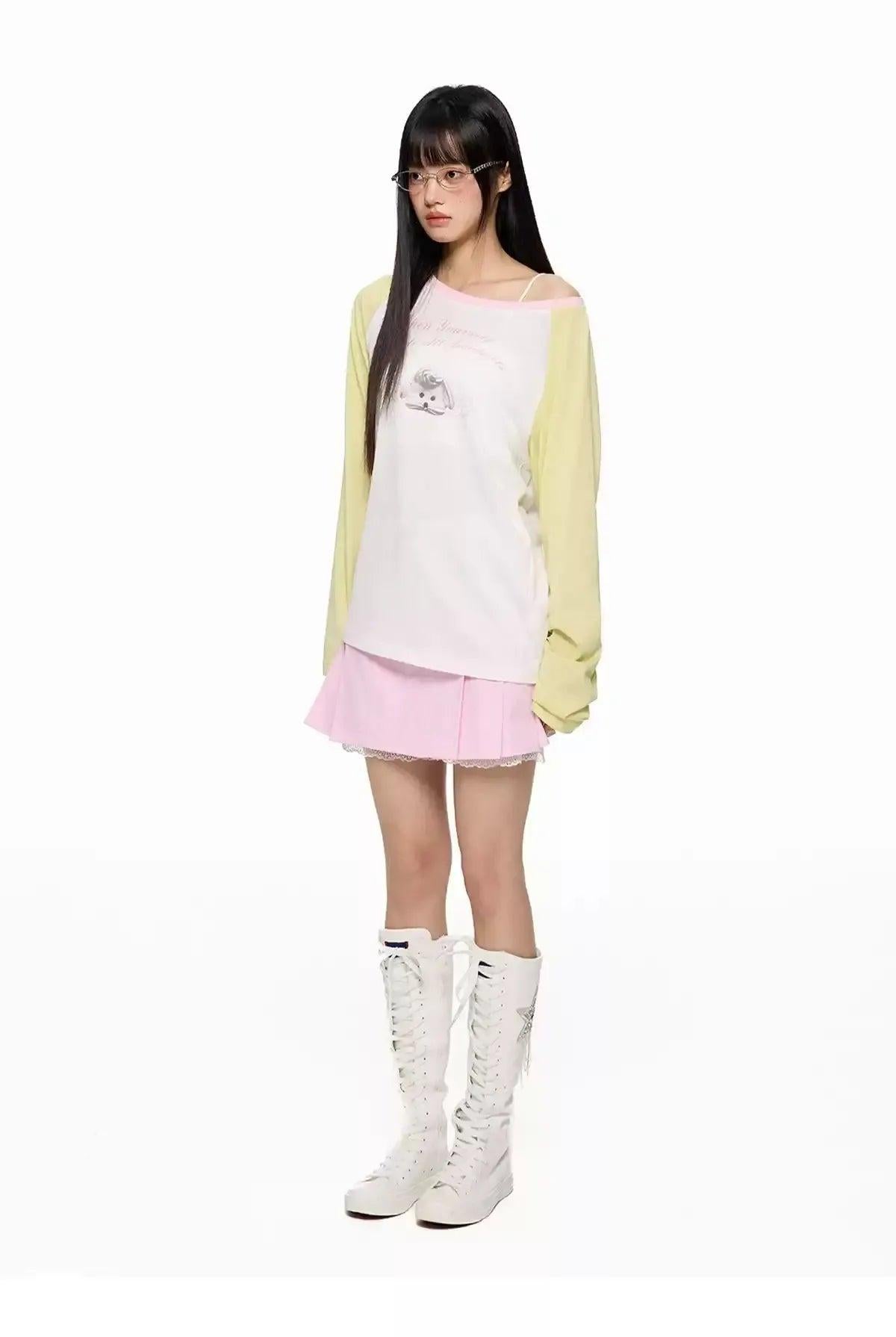 Tom Contrast Color Slant Shoulder Long Sleeve T-Shirt-korean-fashion-T-Shirt-Tom's Closet-OH Garments