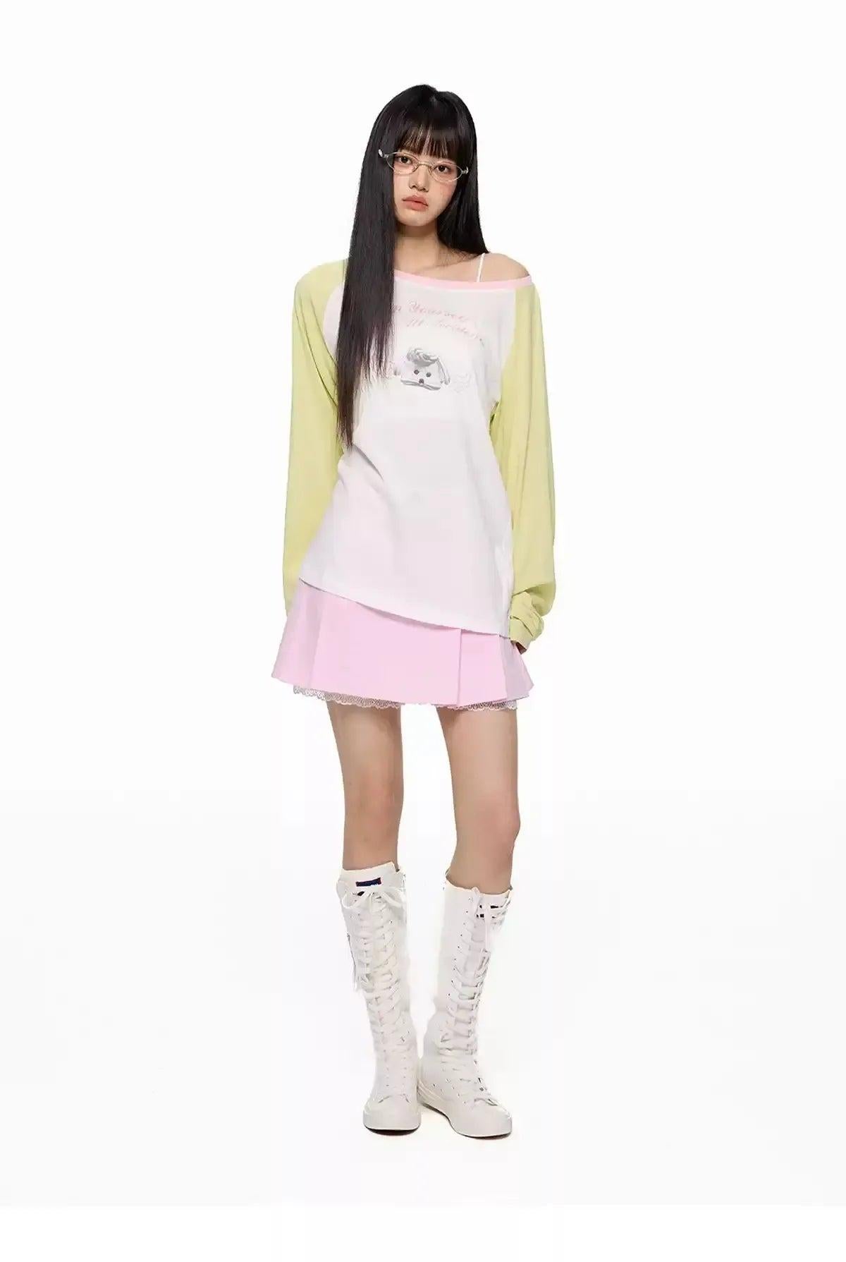 Tom Contrast Color Slant Shoulder Long Sleeve T-Shirt-korean-fashion-T-Shirt-Tom's Closet-OH Garments